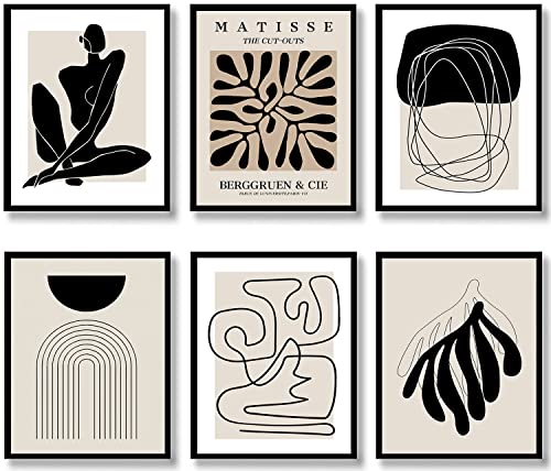 Boho Wall Art Mid Century Modern Decor Canvas Prints Set of 6 Black And White Neutral Abstract Boho Wall Decor for Bedroom Living Room Bathroom 8"x10" UNFRAMED