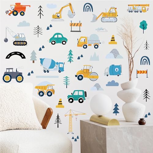 Construction Wall Stickers - 6 Sheets 90 Pcs Construction Themed Trucks Excavator Crane Wall Decals Peel and Stick Wall Decors for Kids Baby Bedroom Boys Room Nursery Playroom - color: Construction