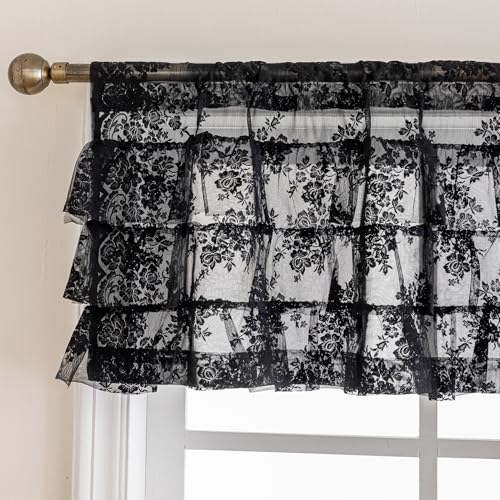 Kotile Black Ruffle Lace Valance for Windows W52 x L18 Inch, 1 Panel | Rod Pocket, Tiered Lace Adds Depth, Soften Light, Vintage Gothic Charm, Bold Cottage Style, Short Layered Finish, Privacy - color: Black - Ruffle Lace