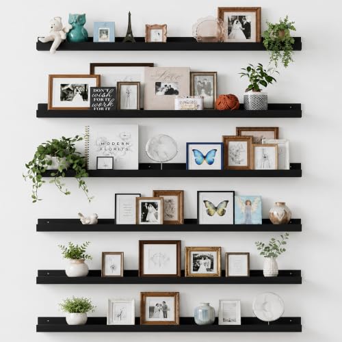 upsimples Floating Shelves for Wall Decor and Storage, Black, 6Pcs 47.3'' | Wall Mounted Wood Shelves for Living Room, Bedroom, Kitchen, Office, Hallways Display and Organize Photos - color: Black, size: 47.3in
