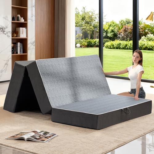 Tri Folding Mattress Queen Size - 6 Inch Dual-Layer Memory Foam Foldable Mattress Portable Floor Bed Sofa with Removable Washable Cover, Handle & Non-Slip Bottom for Travel,RV,Camping,Guest,Yoga - size: Queen