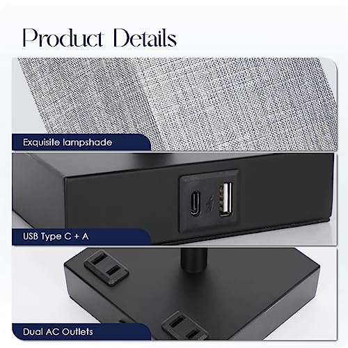 Bedside Table Lamp for Bedroom - Touch Small Lamp with USB C+A Charging Ports & AC Outlets, 3 Way Dimmable Nightstand Light for Living Room (LED Bulb Included, Grey) - color: Gray