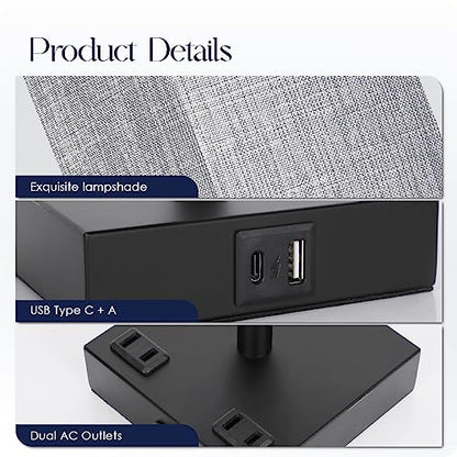 Bedside Table Lamp for Bedroom - Touch Small Lamp with USB C+A Charging Ports & AC Outlets, 3 Way Dimmable Nightstand Light for Living Room (LED Bulb Included, Grey) - color: Gray