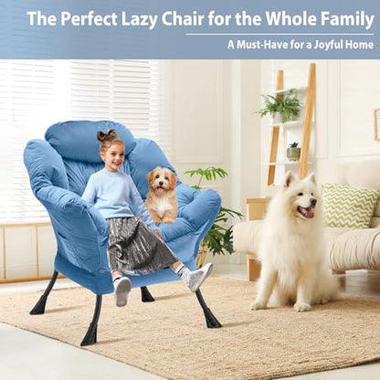 Youtanic Lazy Chair Thick Padded, Comfy Velvet Accent Lounge Chair with Stable Frame, Leisure Sofa Armchair with Armrests and Side Pocket, Reading Chair for Bedroom, Living Room, Office, Light Blue - color: Light Blue Without Stool