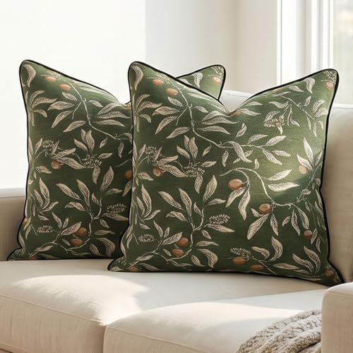 Green Vintage Floral Pillow Covers 18x18 Inch Set of 2, Cotton Plant Throw Pillow Decorative Cover Square Farmhouse Decorative Pillow Cover for Couch Living Room Bedroom - color: Green, size: 18" x 18" (Pack of 2)