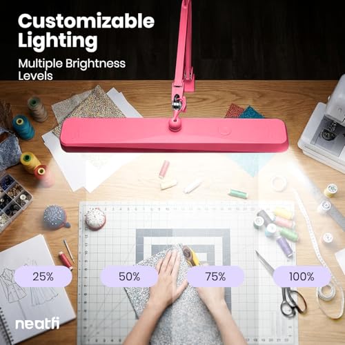 Neatfi XL 2,500 Lumens 30W LED Task Lamp for Manicure Table, Crafts, Workbench, Office – 22” Wide Shade Desk Light | Eye-Caring 6500K | 4-Level Brightness (Pink, Non-CCT with Clamp) - color: Pink