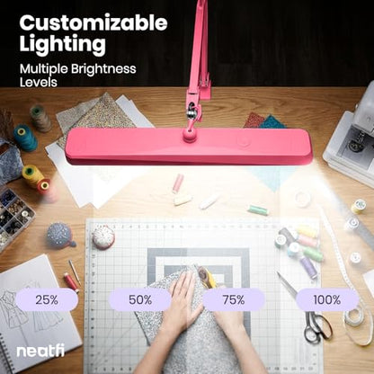 Neatfi XL 2,500 Lumens 30W LED Task Lamp for Manicure Table, Crafts, Workbench, Office – 22” Wide Shade Desk Light | Eye-Caring 6500K | 4-Level Brightness (Pink, Non-CCT with Clamp) - color: Pink