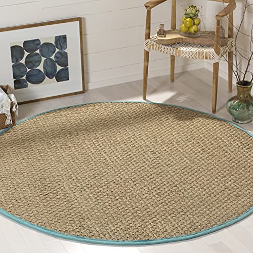 Safavieh Area Rug 4' Round - Natural Fiber Collection - Natural & Teal, Seagrass, Basketweave Pattern with Border (NF114R) - color: Natural/Teal, size: 4' (Round)