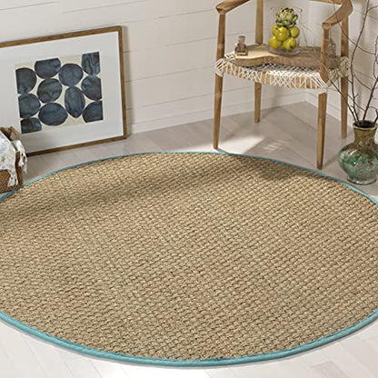 Safavieh Area Rug 4' Round - Natural Fiber Collection - Natural & Teal, Seagrass, Basketweave Pattern with Border (NF114R) - color: Natural/Teal, size: 4' (Round)