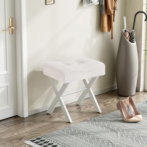 18-Inch Vanity Stool Chair, White Padded Saddle Makeup Stool | Teddy Flannel Vanity Bench, Metal X-Leg, 300 LBS, 16.3"x12.4"x18", Ottoman Accent Stool, Breathable Soft Saddle Seat - size: Small, style: White Fabric