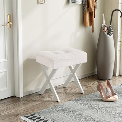 18-Inch Vanity Stool Chair, White Padded Saddle Makeup Stool | Teddy Flannel Vanity Bench, Metal X-Leg, 300 LBS, 16.3"x12.4"x18", Ottoman Accent Stool, Breathable Soft Saddle Seat - size: Small, style: White Fabric