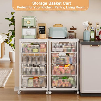 4-Tier Kitchen Storage Cart - Fruit Vegetable Storage Cart with Drawers, Wooden Top Metal Wire Kitchen Organizer and Storage Cart with Wheels to Storage Onions Potatoes Cans Snacks for Kitchen - size: 4-Tier White