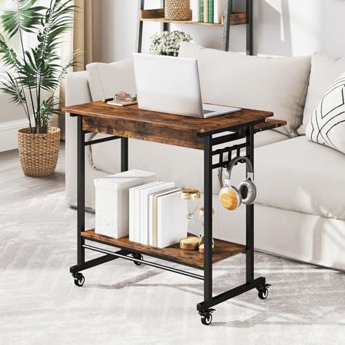 Tangkula Rolling Computer Desk Cart with Keyboard Tray, Mobile Portable Laptop PC Desk with CPU Stand & 3 Hooks for Sofa & Bed, Industrial Small Desk on Wheels for Small Spaces, Home Office Desk - color: Rustic Brown