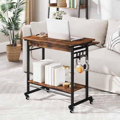 Tangkula Rolling Computer Desk Cart with Keyboard Tray, Mobile Portable Laptop PC Desk with CPU Stand & 3 Hooks for Sofa & Bed, Industrial Small Desk on Wheels for Small Spaces, Home Office Desk - color: Rustic Brown