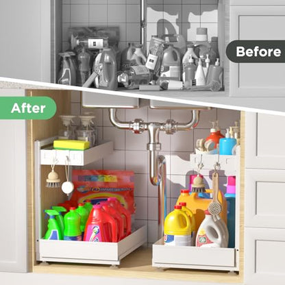 Under Sink Organizer Bathroom Kitchen: 2 Pack 2 Tier Metal Under Cabinet Storage with Height-adjustable Shelf and Pull out Rack for Pantry Vanity Cupboard Counter Countertop, White