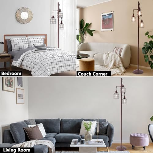 9MMML Floor Lamp for Living Room, Farmhouse Industrial Dimmable Floor lamp, 3 Lights Metal Cage Tree Standing Lamp,68", 3Pcs LED Bulbs Included - color: Oil Rubbed Bronze B