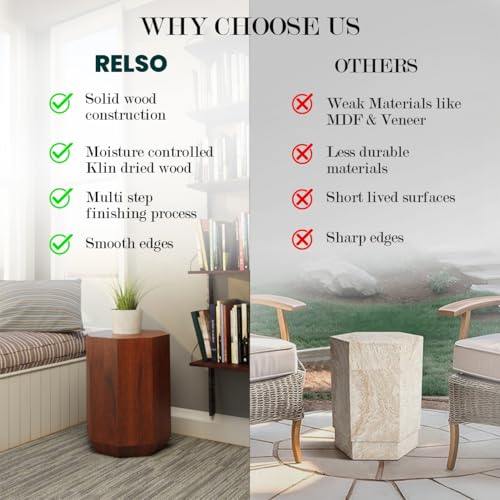 Relso Octavian Geometric End Table - Solid Mango Wood, Walnut Finish, Boho Design, Modern Farmhouse Style, Compact Coffee Table, Nightstand for Bedroom, Living Room, Reading Area (Octavian Brown) - color: Brown