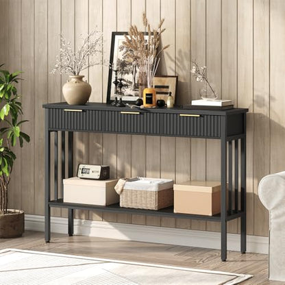 MAHANCRIS 47.2" Console Table with 3 Drawers, Fluted Black Entryway Table | Narrow Long Entry Table with Storage Shelf, Sofa Table for Entryway, Living Room, Foyer, Hallway, Office, Black Gold CTHB5201 - size: 11.8"D x 47.3"W x 32.3"H