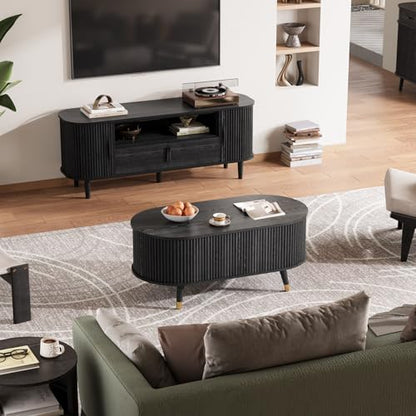 SULIVES Oval Coffee Table with Storage,Multifunctional Lift Top Drum Coffee Table, Small Fluted Center Table for Living Room, Black - color: Black_oval
