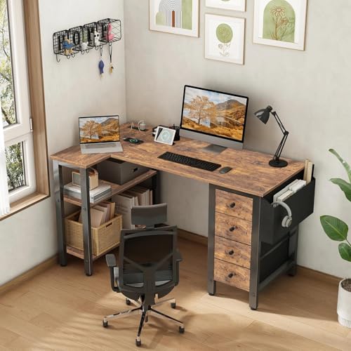 Lufeiya L Shaped Desk with Drawers & Storage Shelves, 47 Inch Small Reversible Corner Desk with Power Outlet for Home Office Bedroom, L-Shaped Gaming PC Computer Desks with Fabric Drawer, Rustic Brown - color: Brown, size: 47.2"