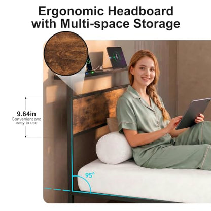 Twin Bed Frame with 2 Drawers and Storage Headboard, Metal Platform with LED Lights and Charging Station, No Box Spring Needed, Noise Free, Easy Assembly