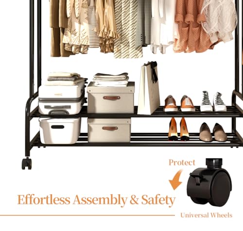 Antiwar Sturdy Metal Double Rodding Clothes Rack With Wheels, Portable Clothing Rack With Shelves & Hooks, Heavy Duty Garment Racks for Hanging Clothes, Multi-Functional Closet Rack for Bedroom, Black - color: LIght Black