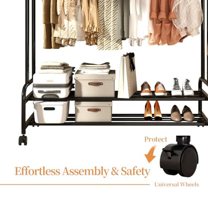 Antiwar Sturdy Metal Double Rodding Clothes Rack With Wheels, Portable Clothing Rack With Shelves & Hooks, Heavy Duty Garment Racks for Hanging Clothes, Multi-Functional Closet Rack for Bedroom, Black - color: LIght Black