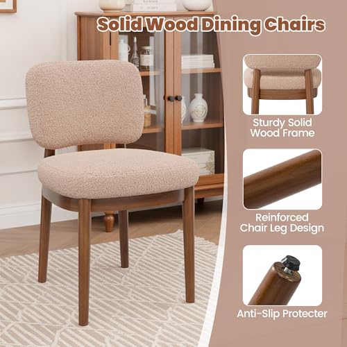 Wooden Dining Chairs Set of 2, Boucle Upholstered Kitchen Chairs with Solid Wood Legs, Mid Century Modern Dining Chairs, Farmhouse Side Chair with Hardwood Frame for Dining Room, Khaki - color: Khaki, size: Set of 2