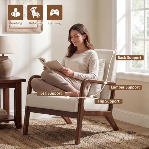 Mid Century Accent Chair with Solid Wood Frame & Linen Fabric, Beige | Upholstered Lumbar Pillow Lounge Chair Linen Fabric Cozy Leisure Chair Walnut Living Room Chair for Bedroom Waiting Room - color: Walnut Wood - Beige Fabric, style: 1 PCS