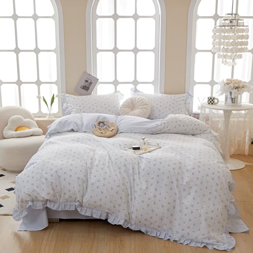 Blue Floral Duvet Cover Full Blue Ruffle Boho Comforter Cover Full Size Coquette Cotton Cozy Lightweight Duvet Cover Set with Hidden Zipper Cute Bedding Sets Aesthetic Duvet Protector - color: B Ruffle Floral01, size: Full(Duvet Cover and 2 Pillows Sham)