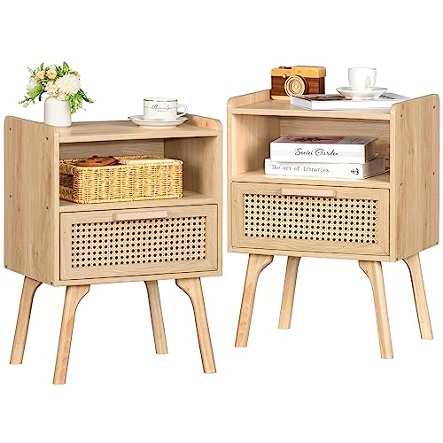 Lerliuo Rattan Nightstands Set of 2, Boho Side Table with Drawer Open Shelf | Cane Accent Bedside End Table with Solid Wood Legs for Bedroom, Dorm and Small Spaces (Natural) - color: Natural, size: 2 pack