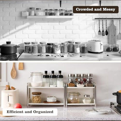 MOZIMABOX Cabinet Organizer Shelf, 2 Tier Kitchen Spice Rack Countertop Shelf Organizer, Stainless Steel Kitchen Storage Countertop Storage Shelf Container, (S, White) - size: S