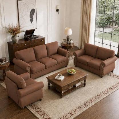 88" W Living Room Furniture Sets, 3-Seater&Loveseat&Single, Rust | Faux Leather Fabric Sofa and Couch Sets, Mid-Century Sofa Set with Nailhead Trim - color: Caramel Rust, size: L-6 seat