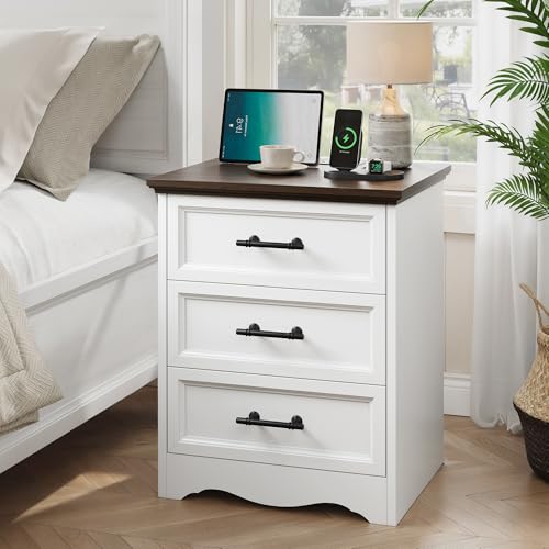 Farmhouse Nightstand with Charging Station, 19.7" End Table with 3 Drawers Storage, White Wooden Night Stand, Bedside Table with Unique Base Design, 3 Drawer Dresser for Bedroom, Living Room - color: White, size: 15.7"D x 19.7"W x 23.6"H (3 Drawers)