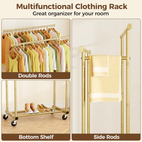 HYSEYY Double Rods Clothes Rack, Sturdy Rolling Clothing Rack, Portable Clothing Racks for Hanging Clothes - Metal Garment Rack Wardrobe Coat Rack for Bedroom Laundry Living Room, Light Gold - color: Light Gold