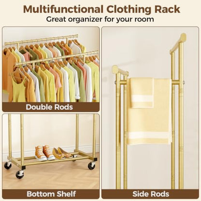 HYSEYY Double Rods Clothes Rack, Sturdy Rolling Clothing Rack, Portable Clothing Racks for Hanging Clothes - Metal Garment Rack Wardrobe Coat Rack for Bedroom Laundry Living Room, Light Gold - color: Light Gold