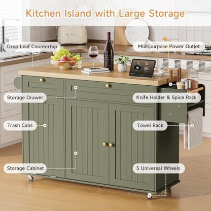 60" Kitchen Island with Power Outlet & Drop Leaf, Rolling Island with Spice Rack & Towel Rack, Kitchen Island Cart with Trash Storage Cabinet, Island Table for Kitchen, Green - color: Green