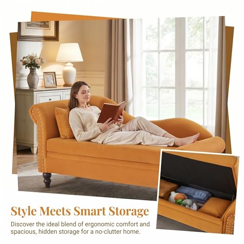 ERYE Velvet Upholstered Right Facing Chaise Lounge Chair, Blue Chaise Lounge Storage W/Nailhead Trim, Wood Legs, Classic Recliner Lounger Accent Sofa for Living Room Bedroom - color: Yolk Yellow/R