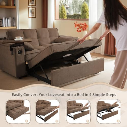 65'' 3-in-1 Folding Convertible Sofa Bed, Queen Size Pullout Sofa, Modern Chenille Fabric, 360° Swivel Side Table, Easy Assembly, Perfect for Living Room - color: Brown-a