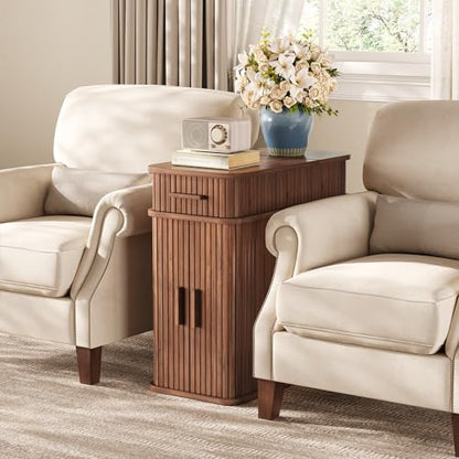 Side End Table with Charging Station, Slim Nightstand with Drawer, Mid-Century Wood Skinny Bedside Table with Storage, Narrow Side Tables for Small Space Living Room Bedroom Office Sofa Couch Walnut - color: Walnut