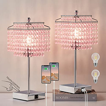 Luvkczc Set of 2 Bedside Pink Crystal Table Lamp, Touch Control Crystal Lamp, Dimmable Lamp for Bedroom, Girl Living Room, 6W B11 Bulb Included - color: Pink (2 Pack)