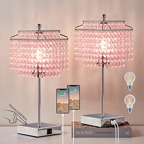 Luvkczc Set of 2 Bedside Pink Crystal Table Lamp, Touch Control Crystal Lamp, Dimmable Lamp for Bedroom, Girl Living Room, 6W B11 Bulb Included - color: Pink (2 Pack)