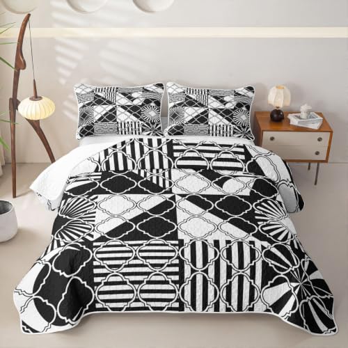 Geometric Stripe Quilted Bedspread King Size,Y2K Retro Line Boho Simple Quilt Bedding Set 3 Pieces,Square Plaid Checkered Classic Bed Covers for All Season,Black White Quilted Coverlet,2 Pillowcases - color: Black White, size: King