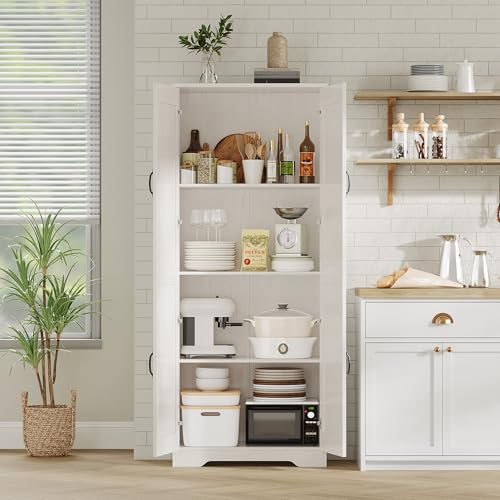 Garvee Kitchen Pantry Cabinet, Freestanding White Pantry Storage Cabinet, 60 in Cupboard, Tall Bathroom Storage Cabinet with 2 Doors and Adjustable Shelves, for Dining Room, Living Room, White | Kitchen Storage Cabinet with 2 Doors & Adjustable Shelves, W