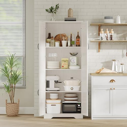 Garvee Kitchen Pantry Cabinet, Freestanding White Pantry Storage Cabinet, 60 in Cupboard, Tall Bathroom Storage Cabinet with 2 Doors and Adjustable Shelves, for Dining Room, Living Room, White | Kitchen Storage Cabinet with 2 Doors & Adjustable Shelves, W