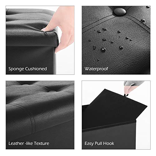 Youdesure 30" Ottoman with Storage, Folding Faux Leather Bench, Black | Foldable ottoman with hidden storage, padded seat and sturdy MDF frame for everyday use. - color: Black