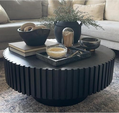 39.37'' Black Round Coffee Table for Living Room, Modern Wood Nesting Coffee Table Handcraft Circle Fluted Drum Coffee Table, Easy Assembly - color: Black, size: 39.37"x23.62"x13.42"