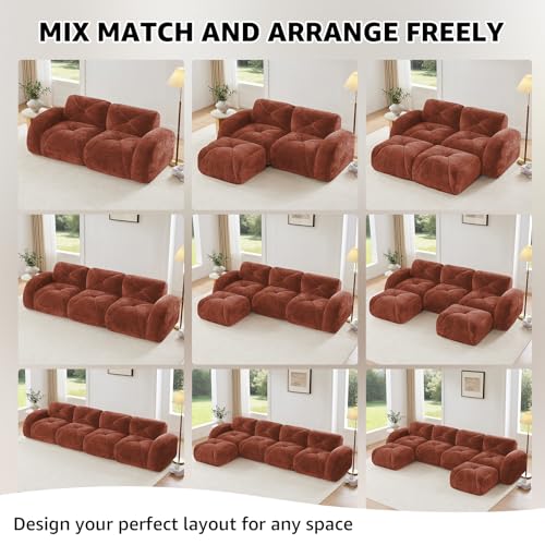 Red Loveseat Sectional Couches for Living Room, Velvet Fabric Boneless Couch, No Assembly Cloud Modular Sectional Sofa Love Seat with 1 Ottoman, Foam Couch Compressed Sofa Set, Sofas para Sala - color: Red, size: 2 Seater + 1 Ottoman