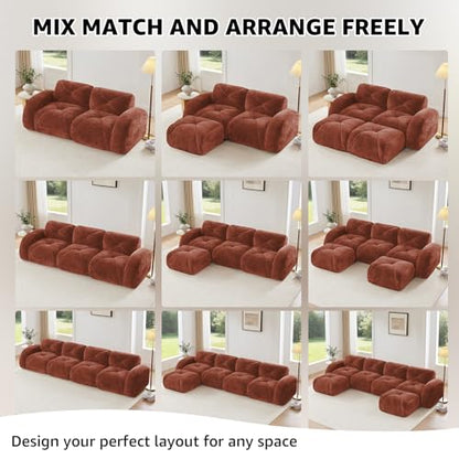 Red Loveseat Sectional Couches for Living Room, Velvet Fabric Boneless Couch, No Assembly Cloud Modular Sectional Sofa Love Seat with 1 Ottoman, Foam Couch Compressed Sofa Set, Sofas para Sala - color: Red, size: 2 Seater + 1 Ottoman