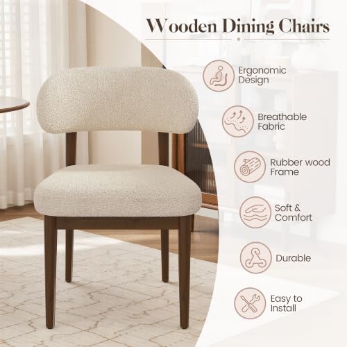 Wooden Dining Room Chairs Set of 2, Modern Upholstered Teddy Fabric Kitchen Chairs with Ergonomic Curved Back, Farmhouse Dining Side Chair with Solid Wood Frame for Kitchen Room, Beige - color: Beige